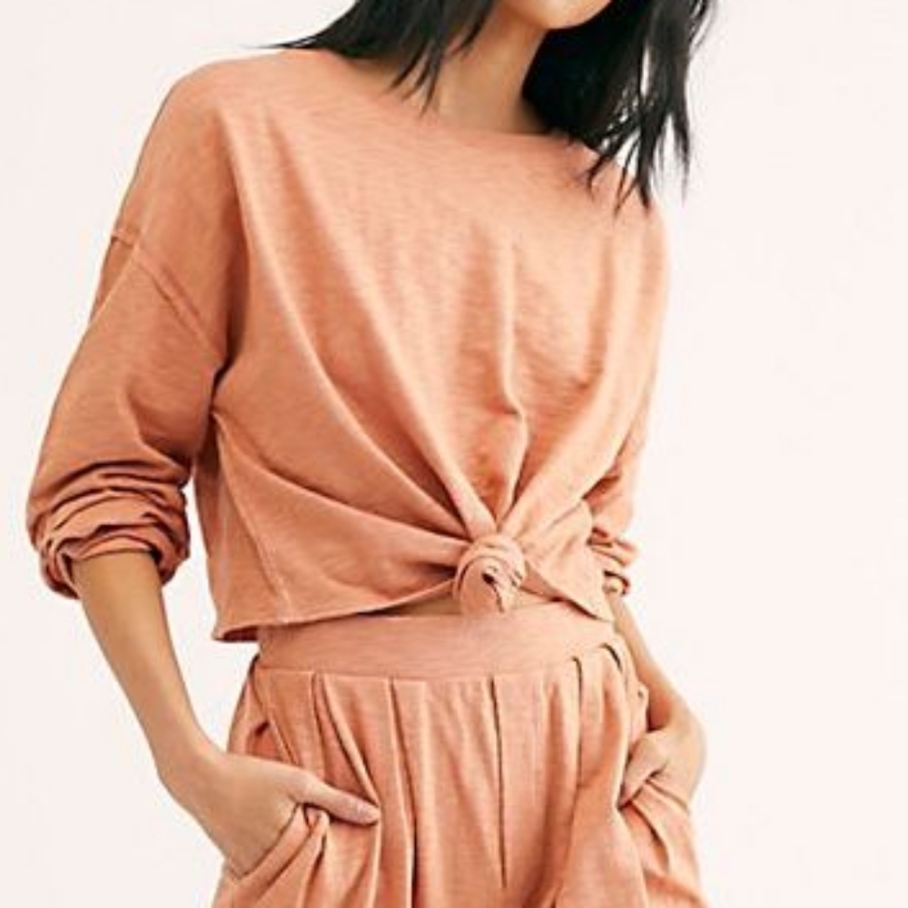 Free People FP Beach Culver City Tie Front Sweatshirt Pullover Orange Small S